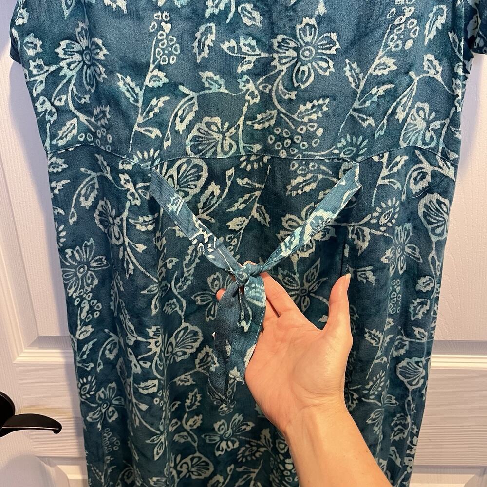 Orvis Large Tropical Floral Teal Maxi Dress Short Sleeve Tie Back Modest Prairie - Picture 6 of 10